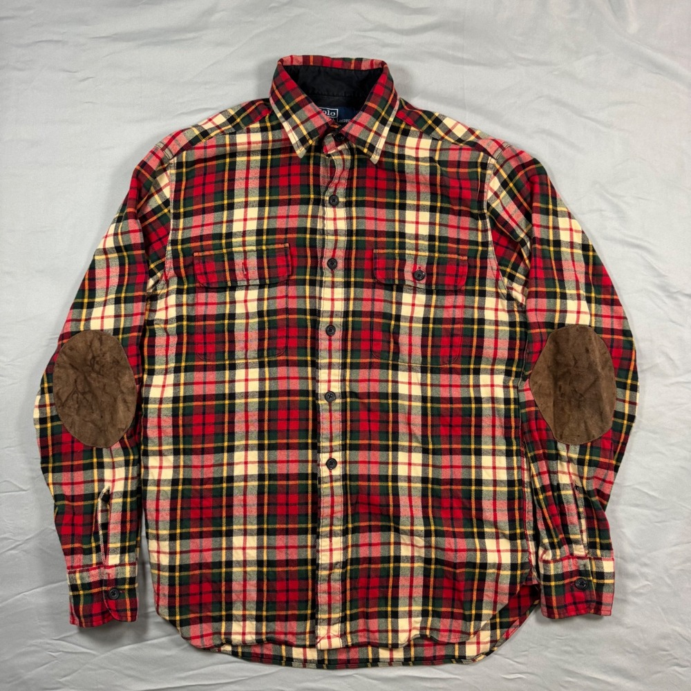 Polo Ralph Lauren Mens Plaid Flannel Shirt Suede Elbow Patches Red Sz S Preppy